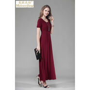 新款莫代爾修身長(cháng)版洋裝夏裝短袖大尺碼寬松顯瘦波西米亞大擺長(cháng)裙 酒紅色 S S