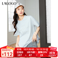 LAGOGO重工釘珠圓領(lǐng)T恤女拉谷谷2025年春夏新款時(shí)尚通勤短袖上衣 藍色 M