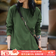 馬登女裝 雙紗純棉長袖t恤女圓領(lǐng)衛(wèi)衣秋季學(xué)生基礎(chǔ)百搭休閑打底衫 松綠色 馬登工裝 L