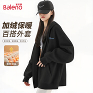 班尼路（Baleno）美式復(fù)古藏青色連帽外套女秋冬季上衣oversize潮流加絨開衫衛(wèi)衣