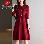 皮爾卡丹（pierre cardin）秋冬配大衣針織毛線連衣裙女2025年新款收腰顯瘦外穿打底毛衣裙子 紅色 S