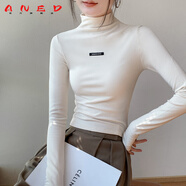 ANED帶手套打底衫女2025冬正肩字母半高領(lǐng)磨毛t恤內(nèi)搭玫紅色加絨上衣 杏色 XL