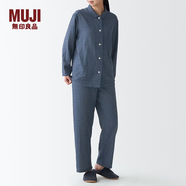 無印良品 MUJI 女式無側(cè)縫雙層紗織睡衣純棉全棉 FDA20C1A 女士家居服套裝 藏青色X圖案 S-M
