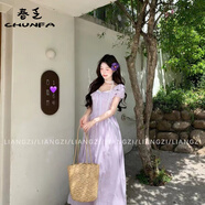 春乏裙子夏季新款女裝純色方領(lǐng)刺繡長(cháng)裙收腰顯瘦連衣裙 紫色連衣裙+掛脖絲巾 S 80-95