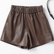 ANTCITY 202025春新款真皮皮褲女短褲松緊高腰顯瘦a字闊腿褲寬松綿羊皮靴褲 咖啡色 M _85-104斤