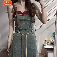 婍妡牛仔連衣裙女2025年夏季新款復(fù)古綁帶束腰毛邊背帶裙收腰顯瘦長裙 牛仔背帶 S