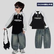 巧米兔（QIAOMITU）童裝男童秋裝套裝兒童polo衫牛仔褲2025新款男孩兒童休閑三件套 ZH2588黑色POLO衫+藍(lán)色牛仔褲 150