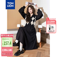 唐獅（TonLion）2024黑色v領(lǐng)拼接格紋連衣裙女復(fù)古針織格子裙氣質(zhì)長(zhǎng)裙 黑色 S 