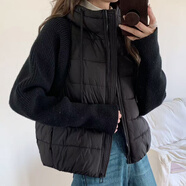 俏博萊新款輕薄棉襖針織袖拼接羽絨棉服女裝短款假兩件連帽棉衣外套保暖 黑色 2XL 建議【140--160】斤