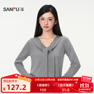 三福毛衣2025秋季綁帶V領(lǐng)蕾絲拼接下擺假兩件上衣女裝507322 淺花灰 M