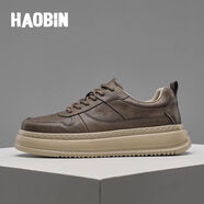 浩賓（HAOBIN）浩賓新款男運動(dòng)板鞋冬季真皮透氣低幫厚底商務(wù)英倫休閑增高皮 咖色加絨 38