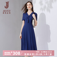 經(jīng)典故事（JANE STORY）2024新款夏天V領(lǐng)雪紡連衣裙女高端設計感荷葉邊法式氣質(zhì)茶歇裙 灰藍色 M