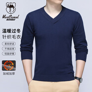西域駱駝（VANCAMEL）針織衫男商務(wù)休閑秋冬純棉V領(lǐng)保暖毛衣打底衫男裝 深藍 加絨 XL