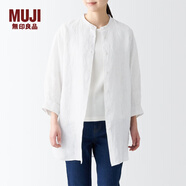 無印良品（MUJI）麻水洗 七分袖束腰長上衣 休閑百搭襯衫白襯衫 BCJ72C3S 象牙色條紋 L