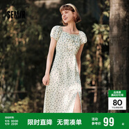 森馬（Semir）連衣裙女開叉泡泡袖中長(zhǎng)裙夏方領(lǐng)雪紡碎花裙浪漫109324114014