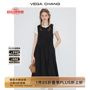 VEGA CHANG粉色連衣裙女2025年夏季新款海邊度假顯瘦氣質(zhì)減齡拼接背心長裙子 薄暮黑 S