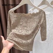 夏典素訂女王（SE.PSTP）卡其色一字領(lǐng)花邊蕾絲中袖t恤女露鎖骨鏤空感收腰五分袖上衣 卡其 XL 【建議118-130斤】