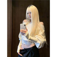 FR.YH.ZH小A學(xué)姐  軟糯一字肩毛衣寬松慵懶短款套頭針織衫辣妹長(cháng)袖蝙蝠袖 杏色 S