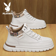 花花公子男鞋2025棉鞋秋冬季新款鞋子男款高幫休閑小白鞋板鞋男士復古皮鞋 米白 PL250123602 43