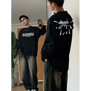 蕭蕭布落高街潮牌純棉印花長(cháng)袖t恤男春秋季vintage美式重磅衛衣內搭打底衫 黑色 XL