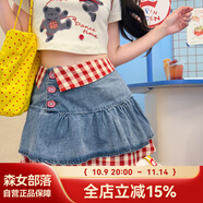 森女部落甜美原創(chuàng)假兩件格紋拼接設(shè)計(jì)感半身裙女高腰短裙2025夏 半身裙（單件） M