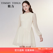 糖力 【商場(chǎng)同款】春秋季新款長(cháng)袖溫柔氣質(zhì)飄帶雪紡連衣裙女顯瘦 杏色 S
