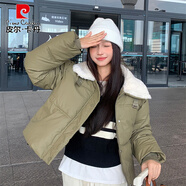皮爾卡丹（pierre cardin）韓國(guó)感短款翻領(lǐng)羊羔毛外套女冬2025新款小個(gè)子PU質(zhì)感防風(fēng)棉襖 軍綠色 S 【80-105斤】