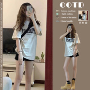 UR H2025新款ur夏裝多巴胺搭配一整套夏日小個子茶系減齡穿搭短褲兩件 【兩件套】淺灰色上衣+牛仔短褲 S 【夏裝搭配一整套時尚/茶系穿搭一整套/裙子女夏季