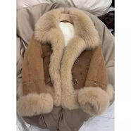 2024年韓版氣質(zhì)環(huán)保毛毛拼接仿皮草外套女秋冬新款設(shè)計感保暖上衣 棕色 S (90-100)