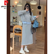 皮爾卡丹（pierre cardin）大碼胖mm長(cháng)袖polo領(lǐng)條紋拼接假兩件衛衣高腰包臀半身裙兩件套裝女 兩件套 M 【建議80-100斤】