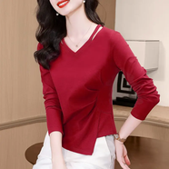 v領(lǐng)黑色長(cháng)袖t恤女打底衫春秋2025新款早秋內搭女裝正肩設計感上衣 酒紅色 退換貨包郵 M