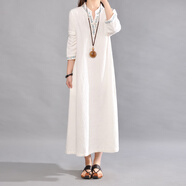 夏典素訂女王（SE.PSTP）民族風(fēng)棉連衣裙春秋品牌寬松大碼刺繡V領(lǐng)盤(pán)扣亞袍子長(cháng)裙 白色 M 建議85-110斤