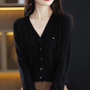 TOMMY JEANS湯米女士春秋V領(lǐng)開(kāi)衫純色羊毛外套女裝薄款百搭毛衣針織衫 黑色 M 建議90-100斤