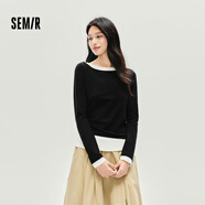 森馬（Semir）長(cháng)袖T恤女不對稱(chēng)假兩件2025秋季新款小心機修身拼色衣服百搭 黑色調00399 XL