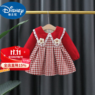 迪士尼寶寶童裝秋冬女寶寶洋氣加絨連衣裙0-1-2-3歲4女童韓版2024嬰兒公主裙 D13 千鳥(niǎo)格加絨裙 大紅色 73