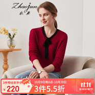 兆君秋冬圓領(lǐng)長(zhǎng)袖羊毛衫女鏤空系帶針織毛衣 石榴紅 L