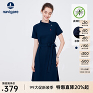 Navigare意大利小帆船短袖連衣裙女士夏季棉質(zhì)斜領(lǐng)裙子時(shí)尚顯瘦半袖a字裙 海軍藍(lán) M 碼
