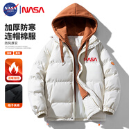 NASA GISS 連帽棉衣男士秋冬棉服男情侶外套加厚保暖青少年棉襖 白紅 L 