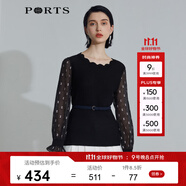 PORTS寶姿商場(chǎng)同款新品女裝甜美復古雪紡拼接針織衫 黑色 S