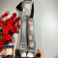 Baldauren女童褲子秋冬新款牛仔褲6-15歲中小學(xué)生女孩中大童顯瘦直筒闊腿褲 kt腳印牛仔藍 加絨加厚 （秋冬款） 150 建議身高145cm左右