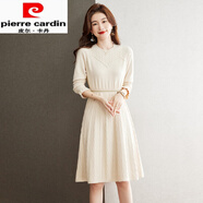 皮爾卡丹（pierre cardin）配大衣內搭毛衣裙女秋冬收腰中長(cháng)款打底裙針織過(guò)年紅色連衣裙羊毛 米白色 2XL