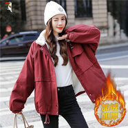 啄木鳥(niǎo)羊羔毛牛仔外套女冬季韓版棉衣加絨加厚工裝派克棉服大尺碼寬松 酒紅色 加棉 加厚 L