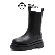 公猴（male monkey）男猴真皮煙囪靴女秋冬新款厚跟厚底增高靴英倫風(fēng)格摩托車切爾西靴 黑色高筒 35