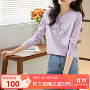 熙世界長(cháng)袖T恤女2025春季新款民族風(fēng)復古刺繡百搭寬松圓領(lǐng)體恤衫 紫芒色 XL