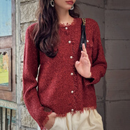 粉紅大布娃娃小香風(fēng)紅色流蘇針織開(kāi)衫女復古圓領(lǐng)單排扣毛衣外套 （橘紅色） 均碼