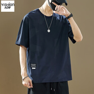 以純（YISHion）夏季男裝冰絲短袖T恤男2025新款寬松薄款透氣運(yùn)動(dòng)半袖上衣體恤衫  716藏青 薄款 M 95-115斤