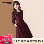 歐迪鳥（ODYBIRD）名媛氣質(zhì)印花連衣裙女2025秋季新款系帶收腰顯瘦小個(gè)子A字裙 紫紅色 S