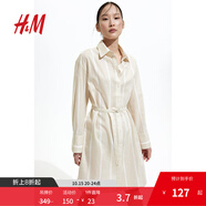 H&M女裝連衣裙25秋新款時(shí)尚透氣亞麻混紡及膝襯衫式連衣裙1275768 淺米色/條紋 S 160/88