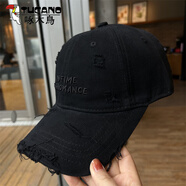 啄木鳥(niǎo)（TUCANO）破洞棒球帽女字母刺繡水洗棉鴨舌帽顯臉小加大加寬帽檐軟頂遮陽(yáng)帽 黑色 no time 均碼 可調(diào)節(jié)（55-60cm）