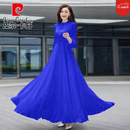皮爾卡丹（pierre cardin）2025新款女長*袖系帶領純色雪紡連衣裙修身顯瘦沙灘度假長款大擺 寶藍色 S 建議80-90斤
